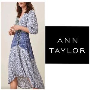 Ann Taylor Multi-Patterned Blue and White Midi Dress